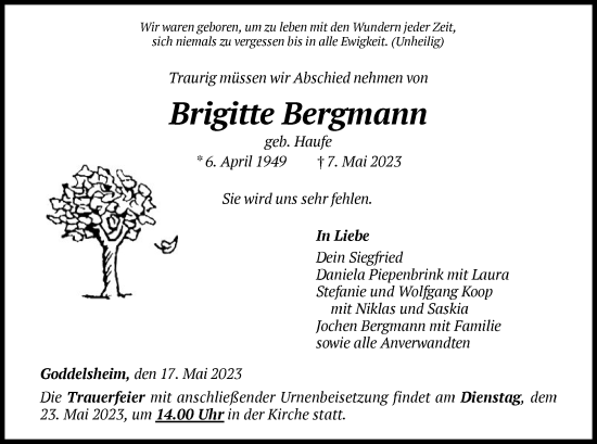 Traueranzeige von Brigitte Bergmann von WLZ