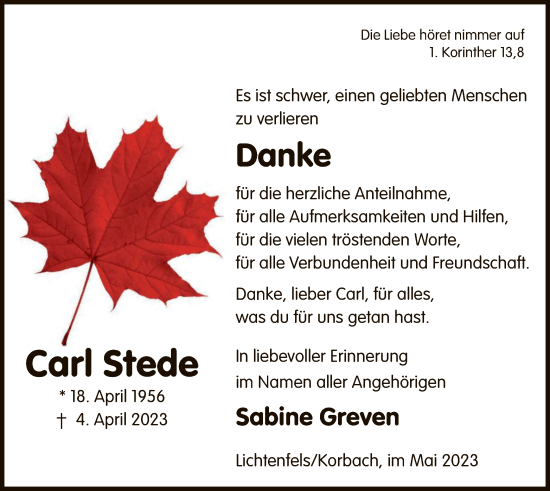 Traueranzeige von Carl Stede von WLZ