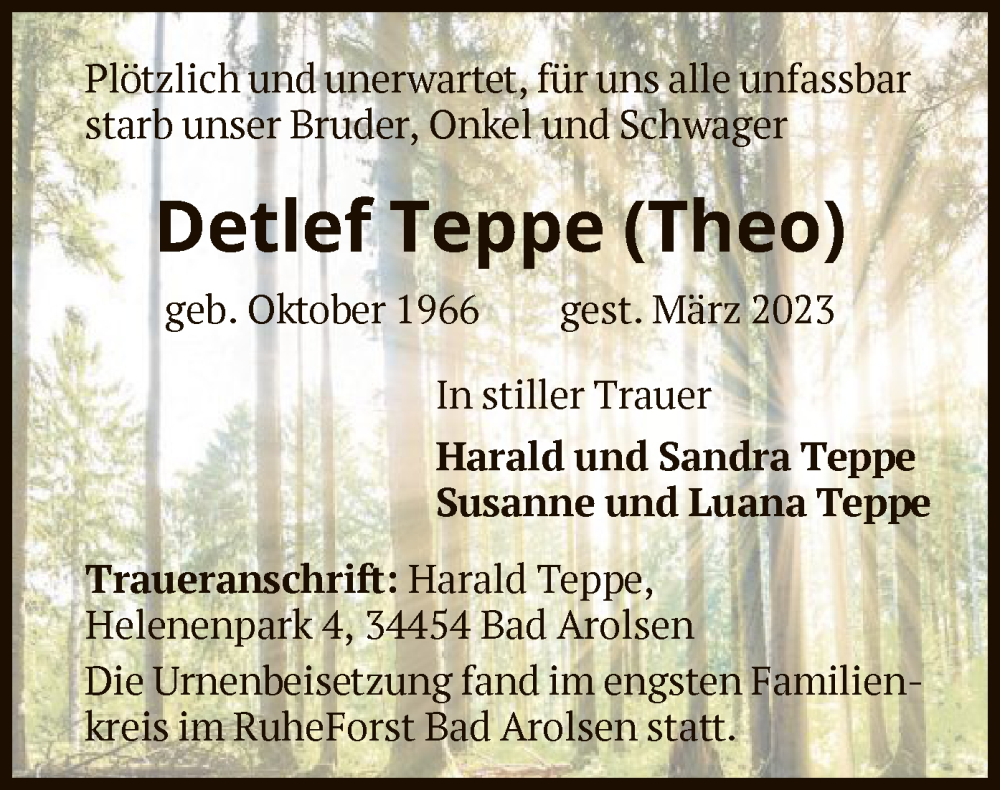  Traueranzeige für Detlef Teppe vom 20.05.2023 aus WLZ