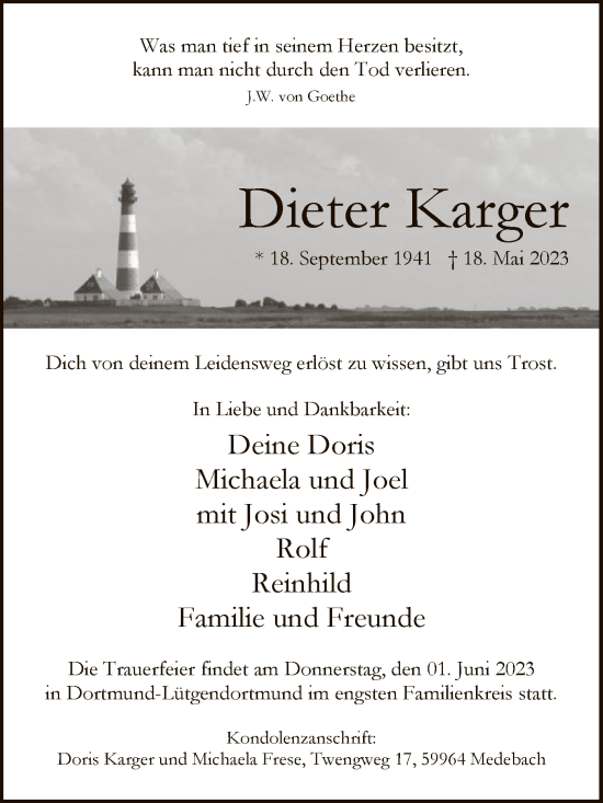 Traueranzeige von Dieter Karger von WLZ