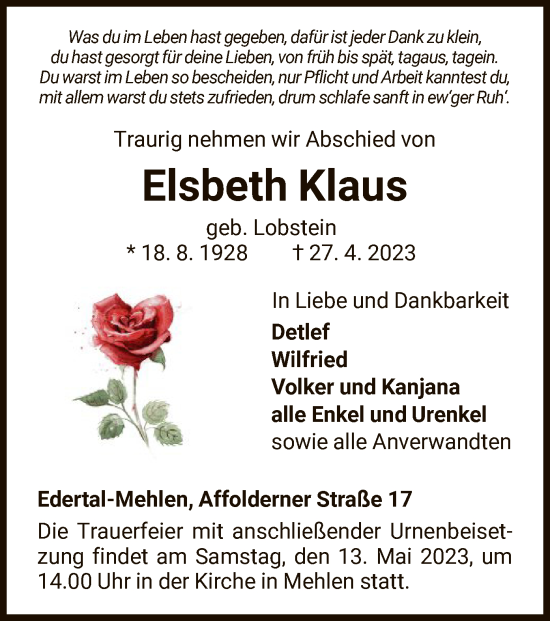 Traueranzeige von Elsbeth Klaus von WLZ