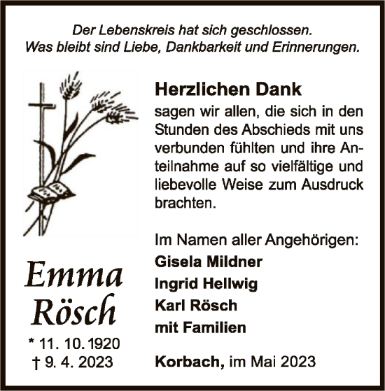 Traueranzeige von Emma Rösch von WLZ