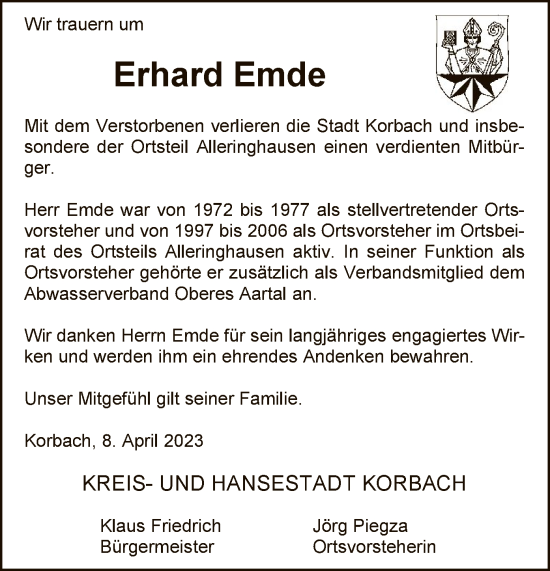 Traueranzeige von Erhard Emde von WLZ