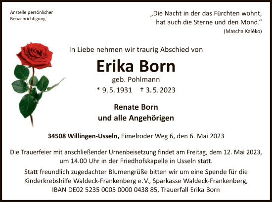 Traueranzeige von Erika Born von WLZ