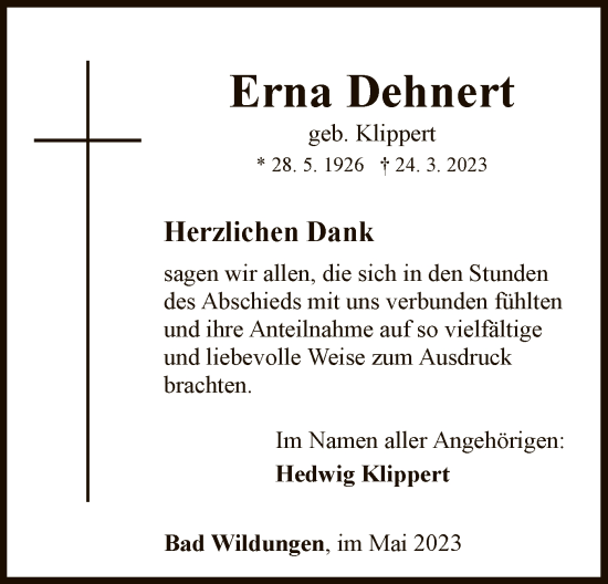 Traueranzeige von Erna Dehnert von WLZ