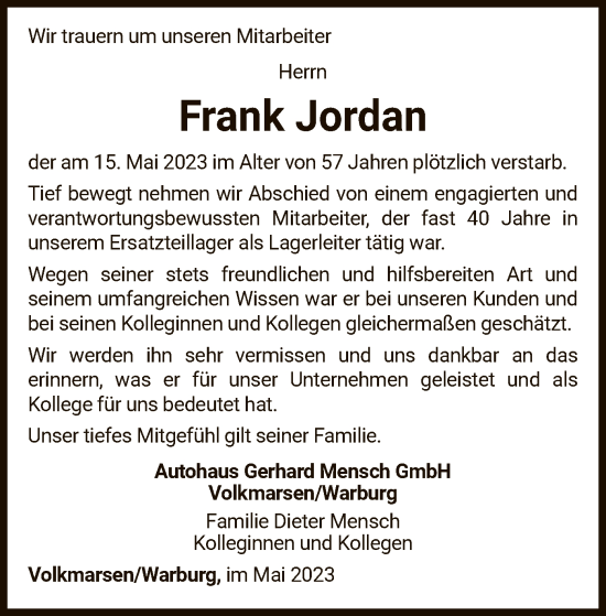 Traueranzeige von Frank Jordan von WLZ