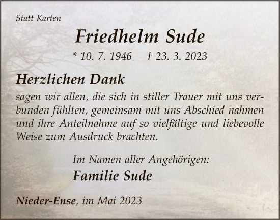 Traueranzeige von Friedhelm Sude von WLZ