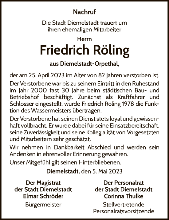 Traueranzeige von Friedrich Röling von WLZ