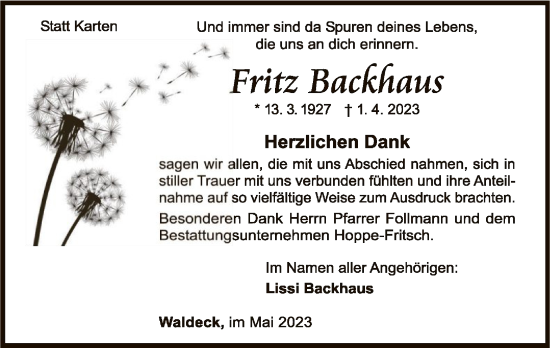 Traueranzeige von Fritz Backhaus von WLZ