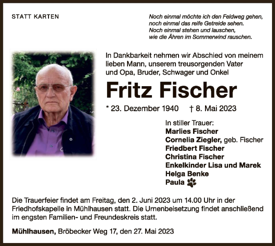 Traueranzeige von Fritz Fischer von WLZ