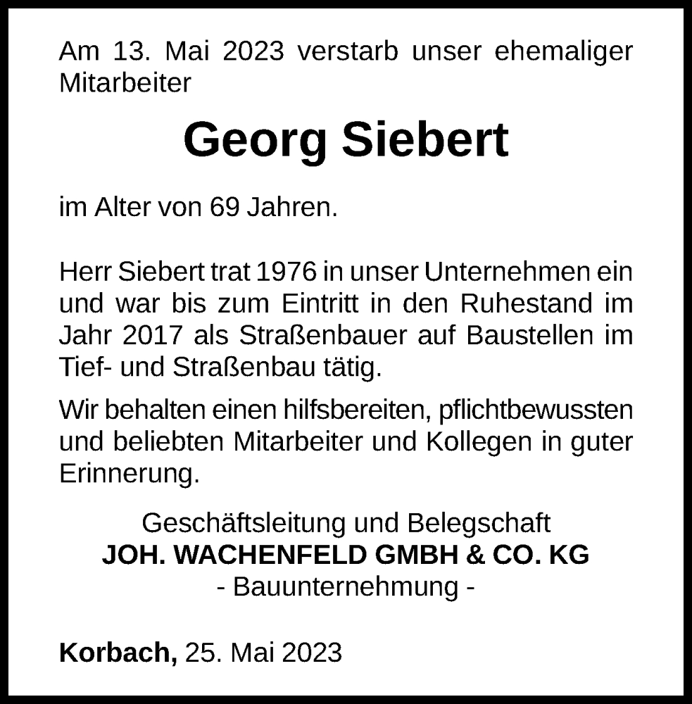  Traueranzeige für Georg Siebert vom 25.05.2023 aus WLZ