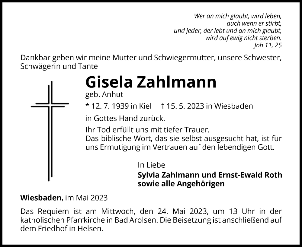  Traueranzeige für Gisela Zahlmann vom 20.05.2023 aus WLZ