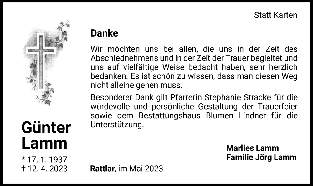  Traueranzeige für Günter Lamm vom 26.05.2023 aus WLZ