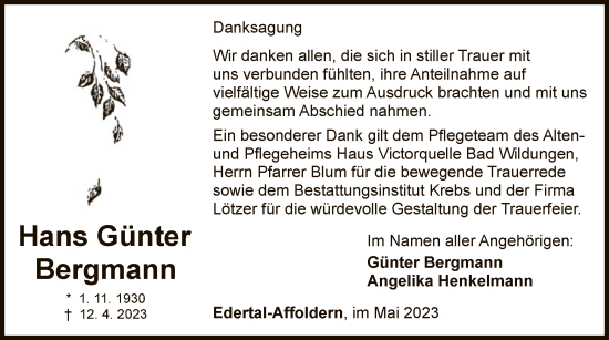 Traueranzeige von Hans Günter Bergmann von WLZ