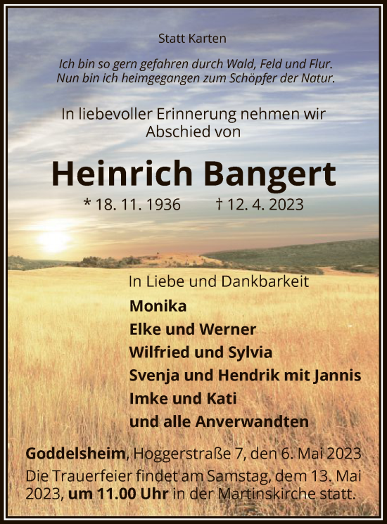 Traueranzeige von Heinrich Bangert von WLZ