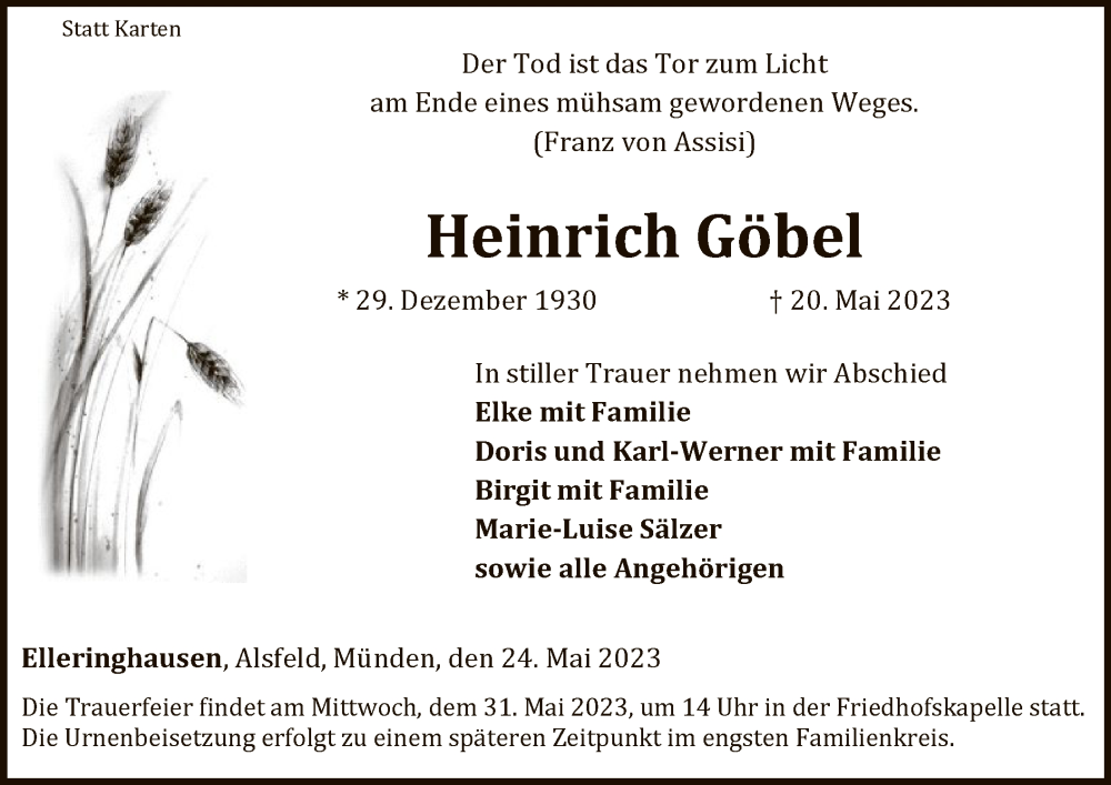  Traueranzeige für Heinrich Göbel vom 24.05.2023 aus WLZ