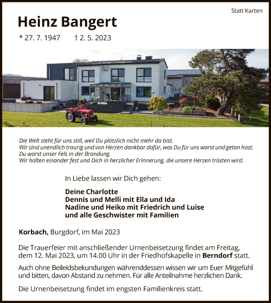 Traueranzeige von Heinz Bangert von WLZ
