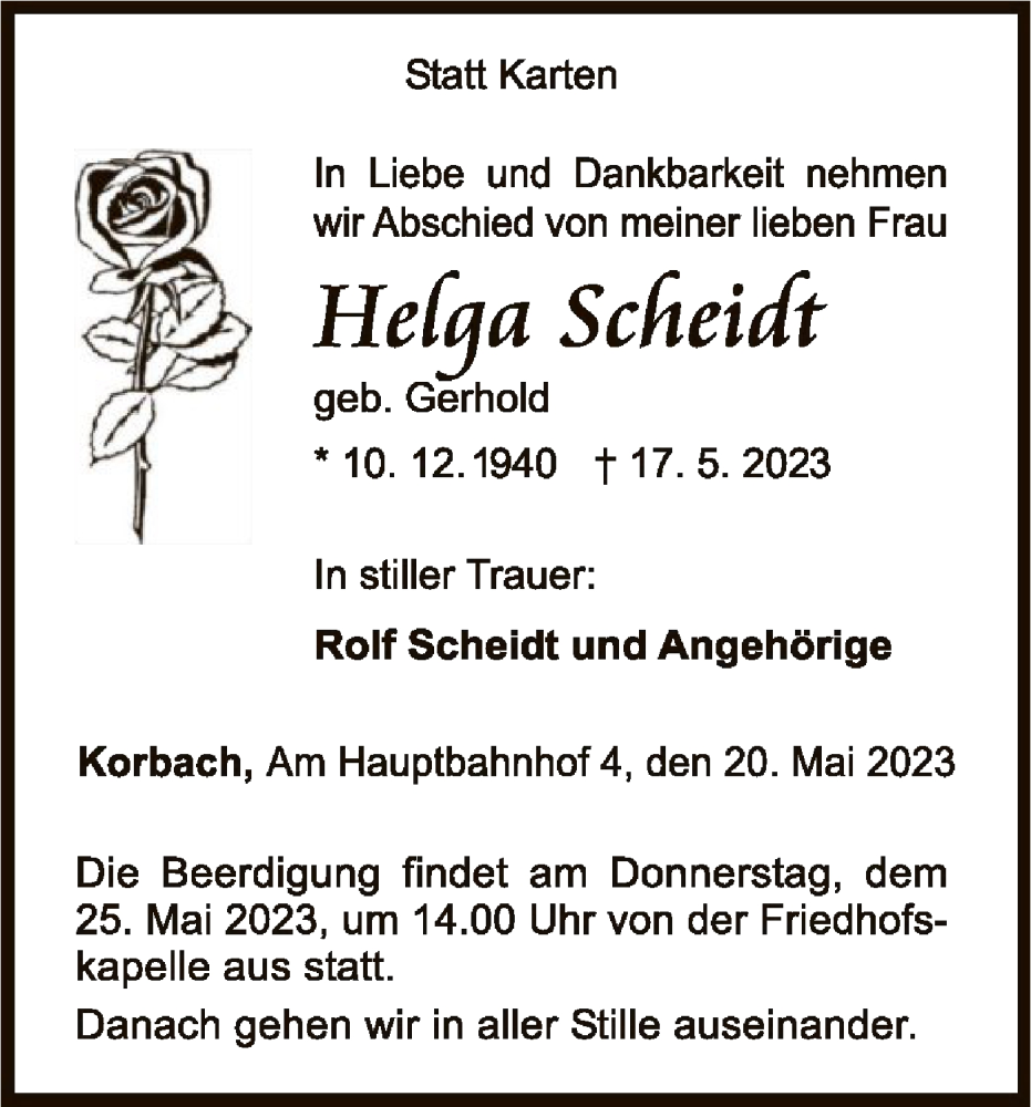  Traueranzeige für Helga Scheidt vom 20.05.2023 aus WLZ