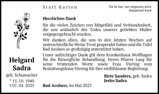 Traueranzeige von Helgard Sadra von WLZ
