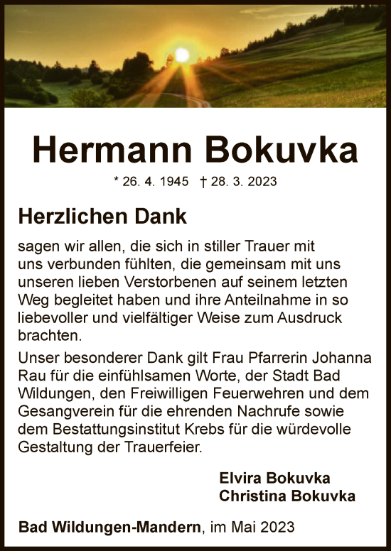 Traueranzeige von Hermann Bokuvka von WLZ