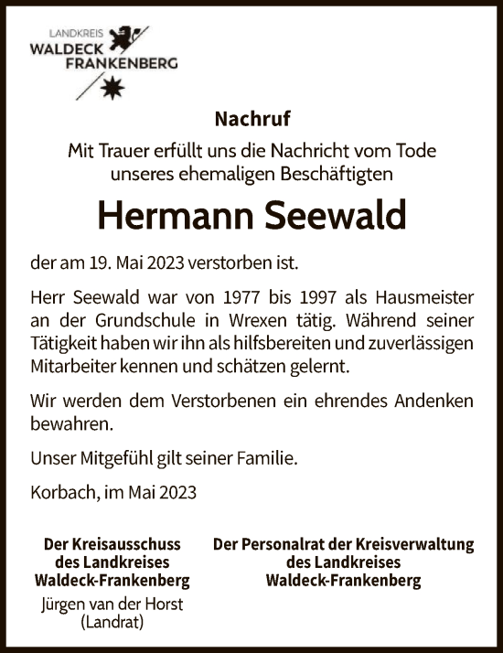 Traueranzeige von Hermann Seewald von WLZ