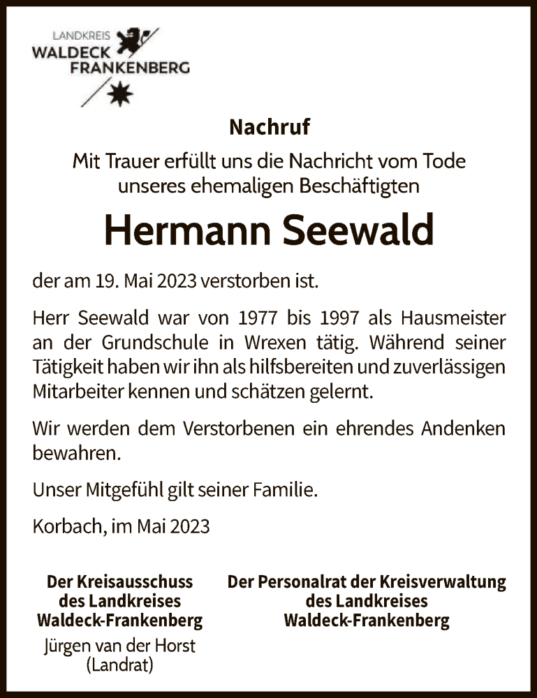  Traueranzeige für Hermann Seewald vom 25.05.2023 aus WLZ