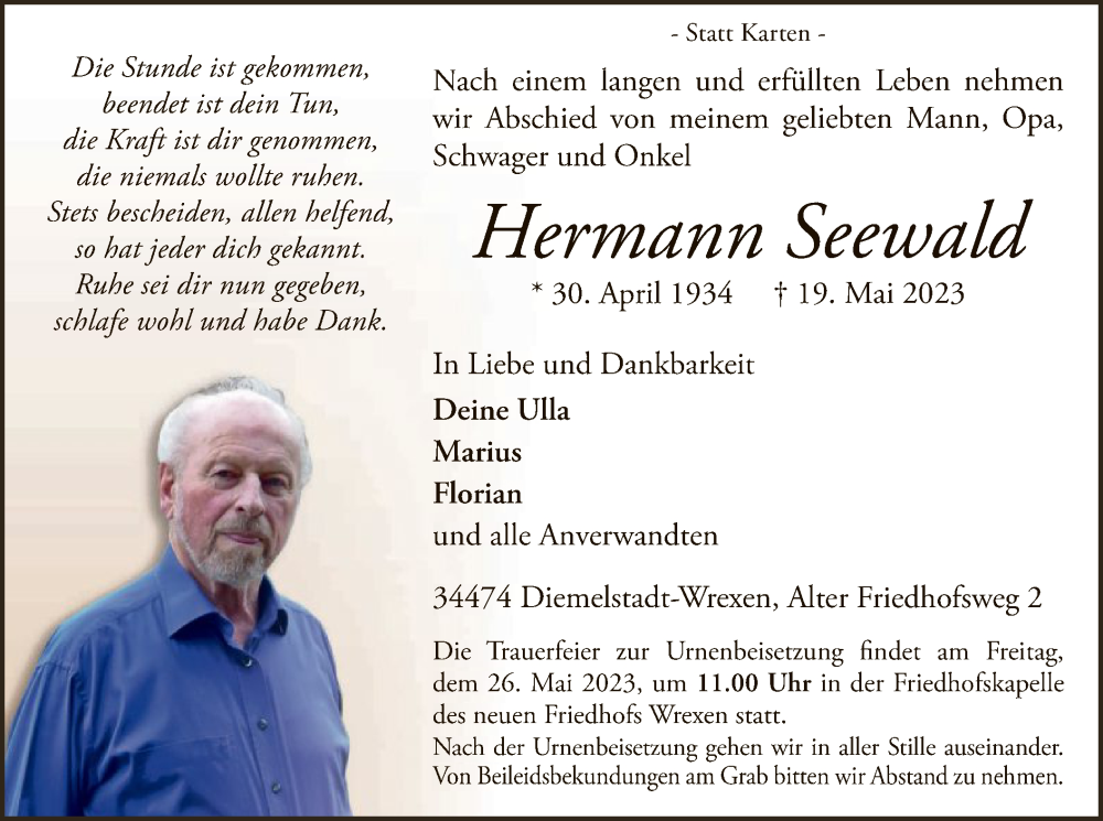  Traueranzeige für Hermann Seewald vom 24.05.2023 aus WLZ