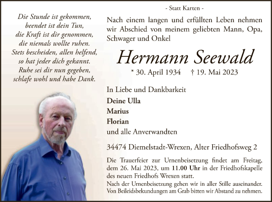 Traueranzeige von Hermann Seewald von WLZ