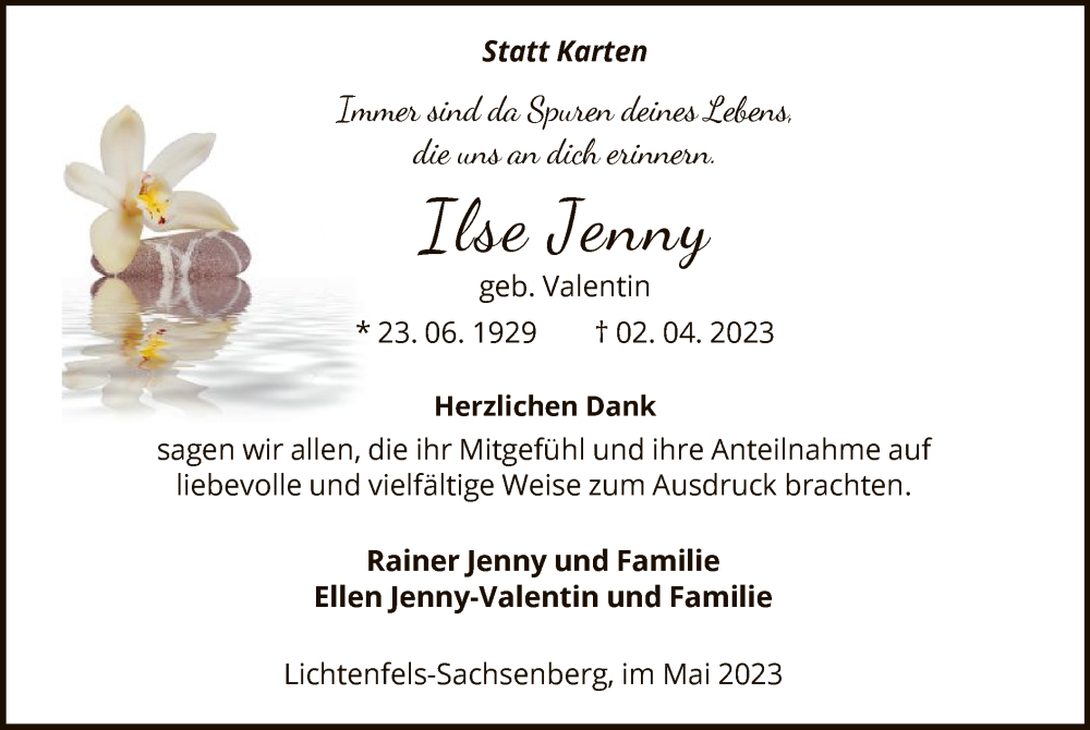  Traueranzeige für Ilse Jenny vom 26.05.2023 aus HNA