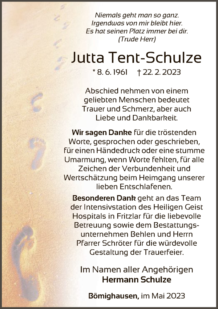 Traueranzeige für Jutta Tent-Schulze vom 20.05.2023 aus WLZ