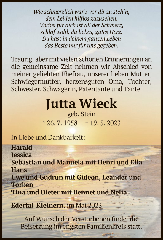 Traueranzeige von Jutta Wieck von WLZ