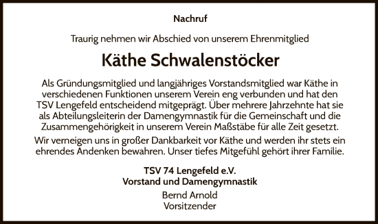 Traueranzeige von Käthe Schwalenstöcker von WLZ