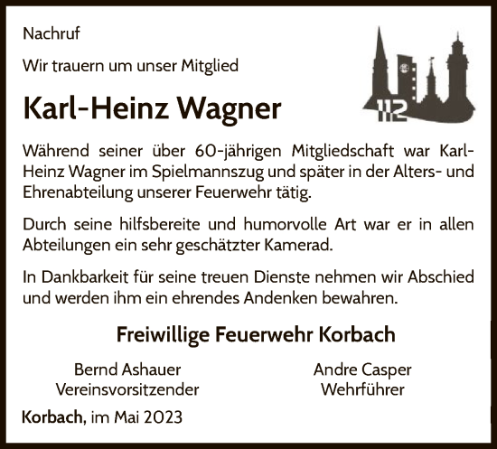 Traueranzeige von Karl-Heinz Wagner von WLZ