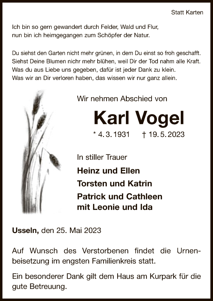  Traueranzeige für Karl Vogel vom 25.05.2023 aus WLZ
