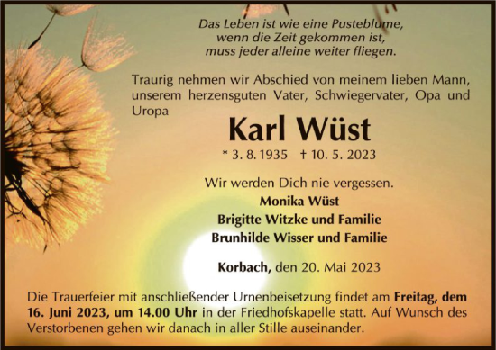 Traueranzeige von Karl Wüst von WLZ