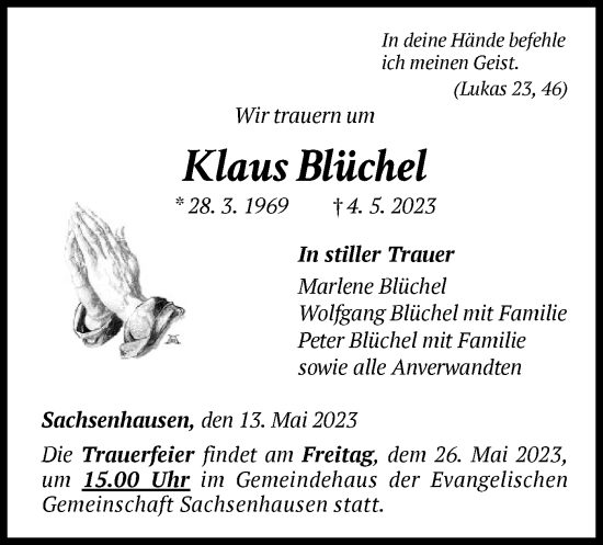 Traueranzeige von Klaus Blüchel von WLZ