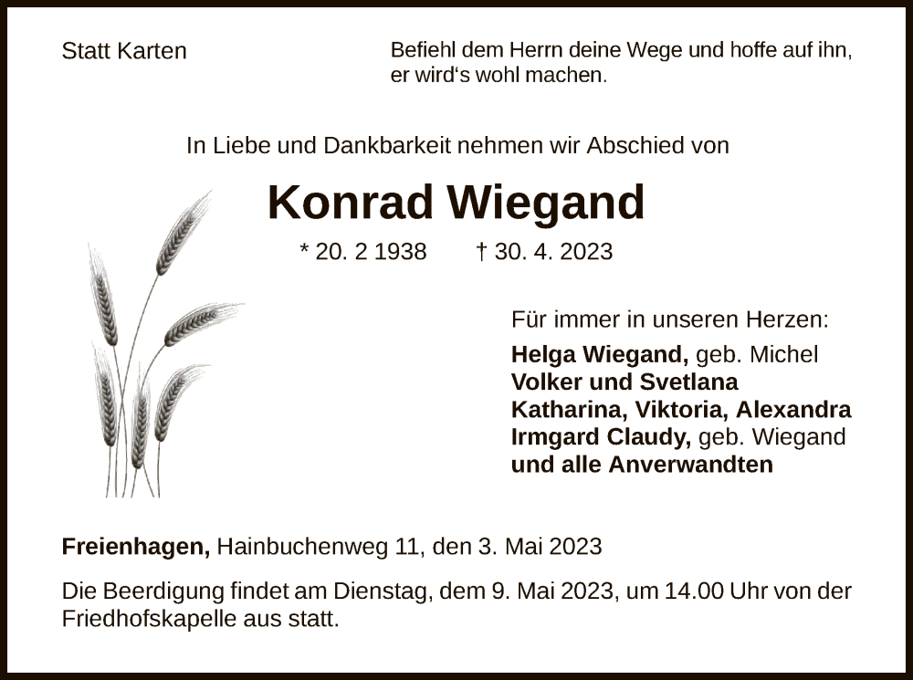  Traueranzeige für Konrad Wiegand vom 03.05.2023 aus WLZ