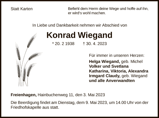 Traueranzeige von Konrad Wiegand von WLZ