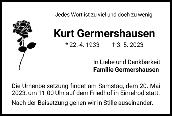 Traueranzeige von Kurt Germershausen von WLZ