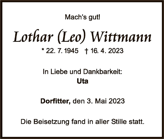 Traueranzeige von Lothar Wittmann von WLZ