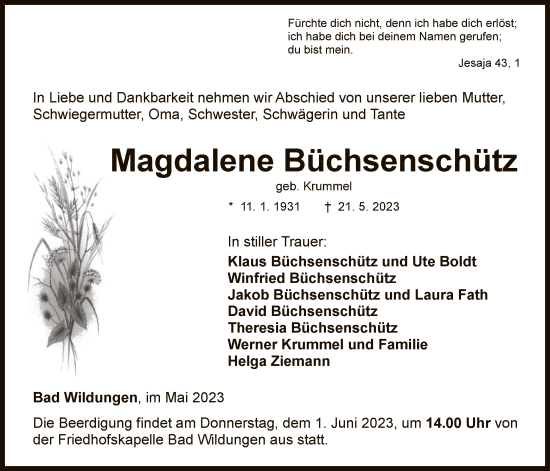 Traueranzeige von Magdalene Büchsenschütz von WLZ