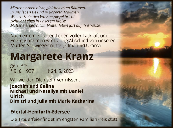 Traueranzeige von Margarete Kranz von WLZ