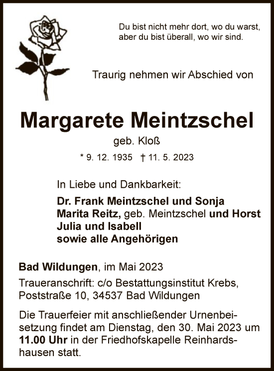 Traueranzeige von Margarete Meintzschel von WLZ