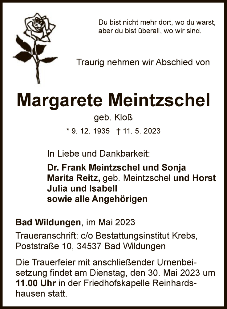  Traueranzeige für Margarete Meintzschel vom 26.05.2023 aus WLZ
