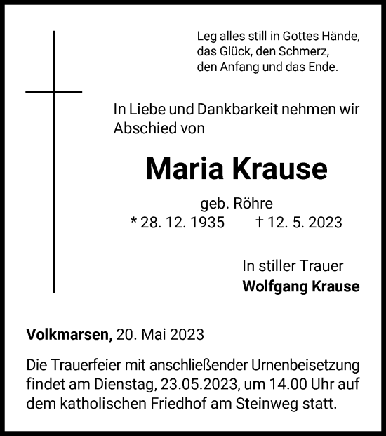 Traueranzeige von Maria Krause von WLZ