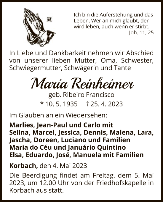 Traueranzeige von Maria Reinheimer von WLZ