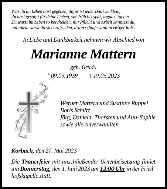 Traueranzeige von Marianne Mattern von WLZ