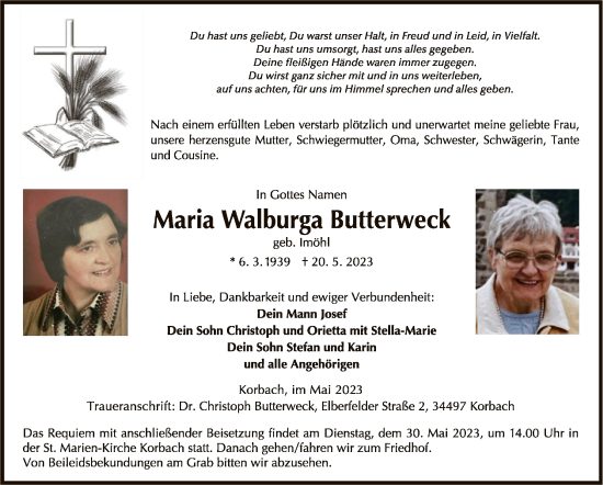 Traueranzeige von Maria Walburga Butterweck von WLZ
