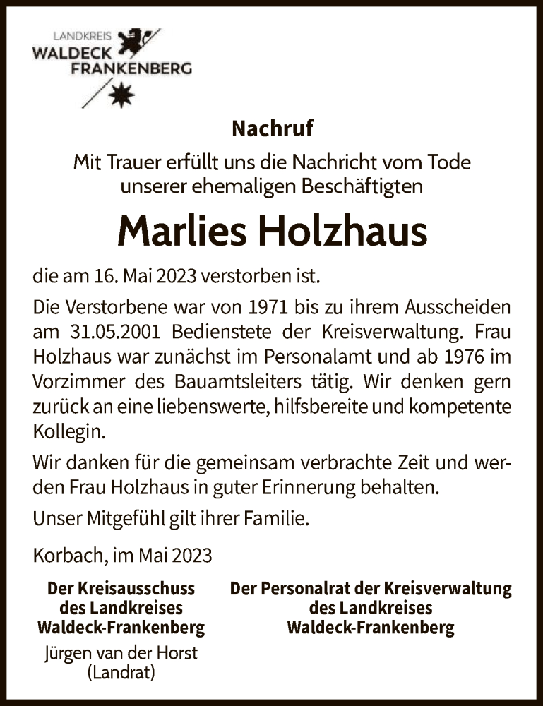  Traueranzeige für Marlies Holzhaus vom 24.05.2023 aus WLZ