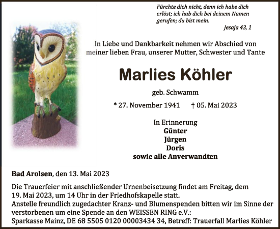 Traueranzeige von Marlies Köhler von WLZ